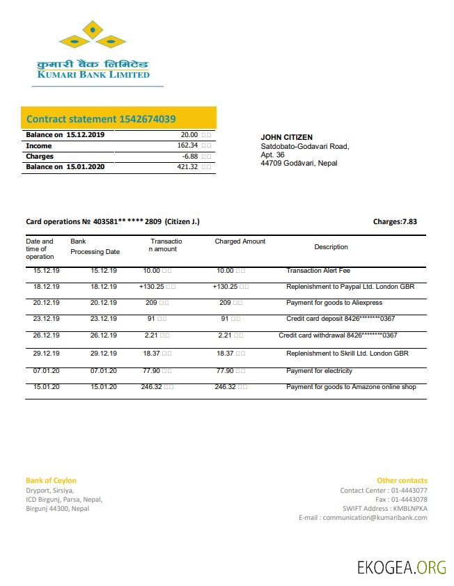 Relevé de la Nepal Kumari Bank